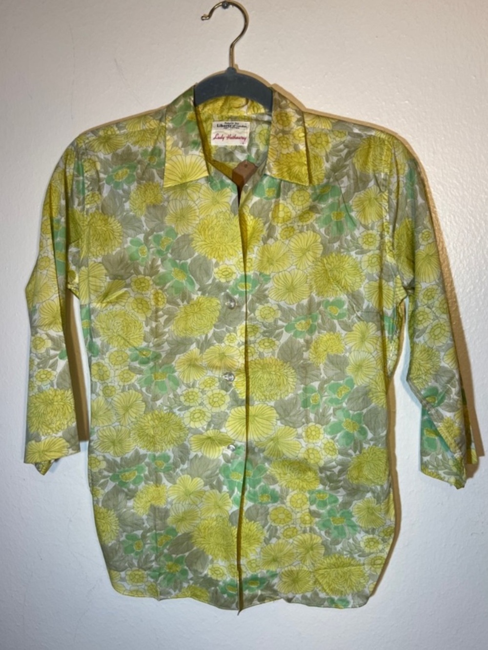 Vintage Liberty of London Yellow Tan Floral Lightweight Button-Down Shirt 10 XS